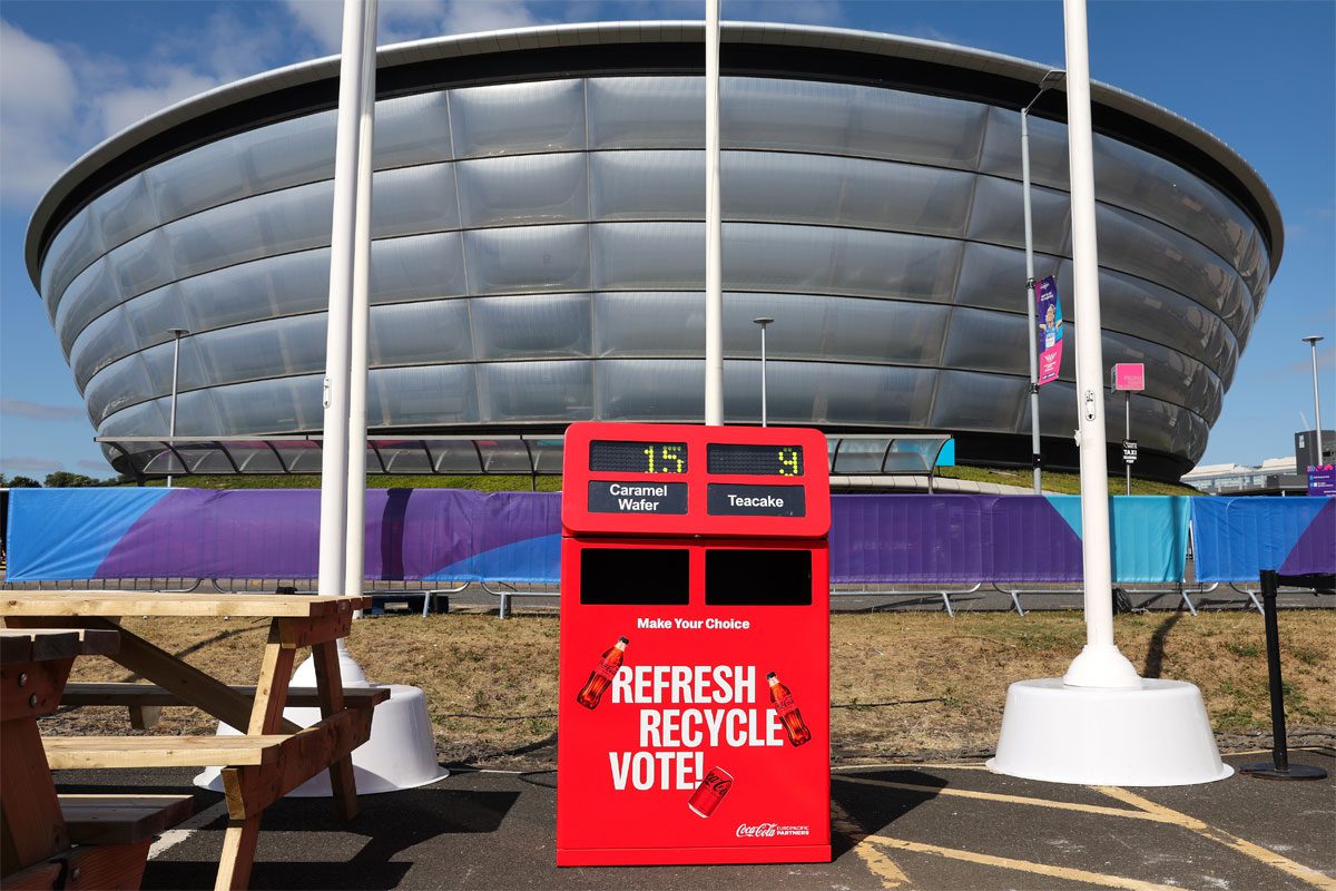 The CCEP DRS Ballot recycling box stands outside the OVO Hydro in Glasgow.