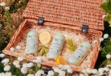 Darnley’s Gin enters the RTD market with Elderflower Spritz Cans of Darnley's Elderflower Gin Spritz lie in a basket with pieces of mint and lemon around them. The basket sits on a grassy field with flowers.