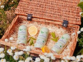 Darnley’s Gin enters the RTD market with Elderflower Spritz Cans of Darnley's Elderflower Gin Spritz lie in a basket with pieces of mint and lemon around them. The basket sits on a grassy field with flowers.
