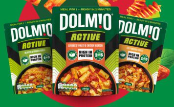 Dolmio builds the appetite for protein with new Active range Advert for the Dolmio Active range including pack shots of Dolmio Active Jalapeno & Chicken Fusilli, Sundried Tomato & Chicken Rigatoni and Zesty Chicken Fusilli. These three are set against a red and green background with images of pasta pieces around them.