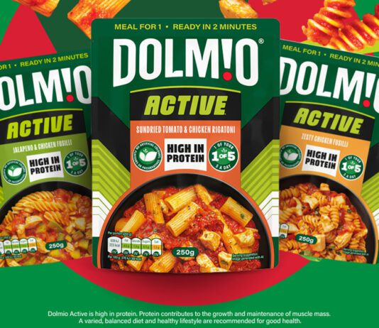 Dolmio builds the appetite for protein with new Active range Advert for the Dolmio Active range including pack shots of Dolmio Active Jalapeno & Chicken Fusilli, Sundried Tomato & Chicken Rigatoni and Zesty Chicken Fusilli. These three are set against a red and green background with images of pasta pieces around them.