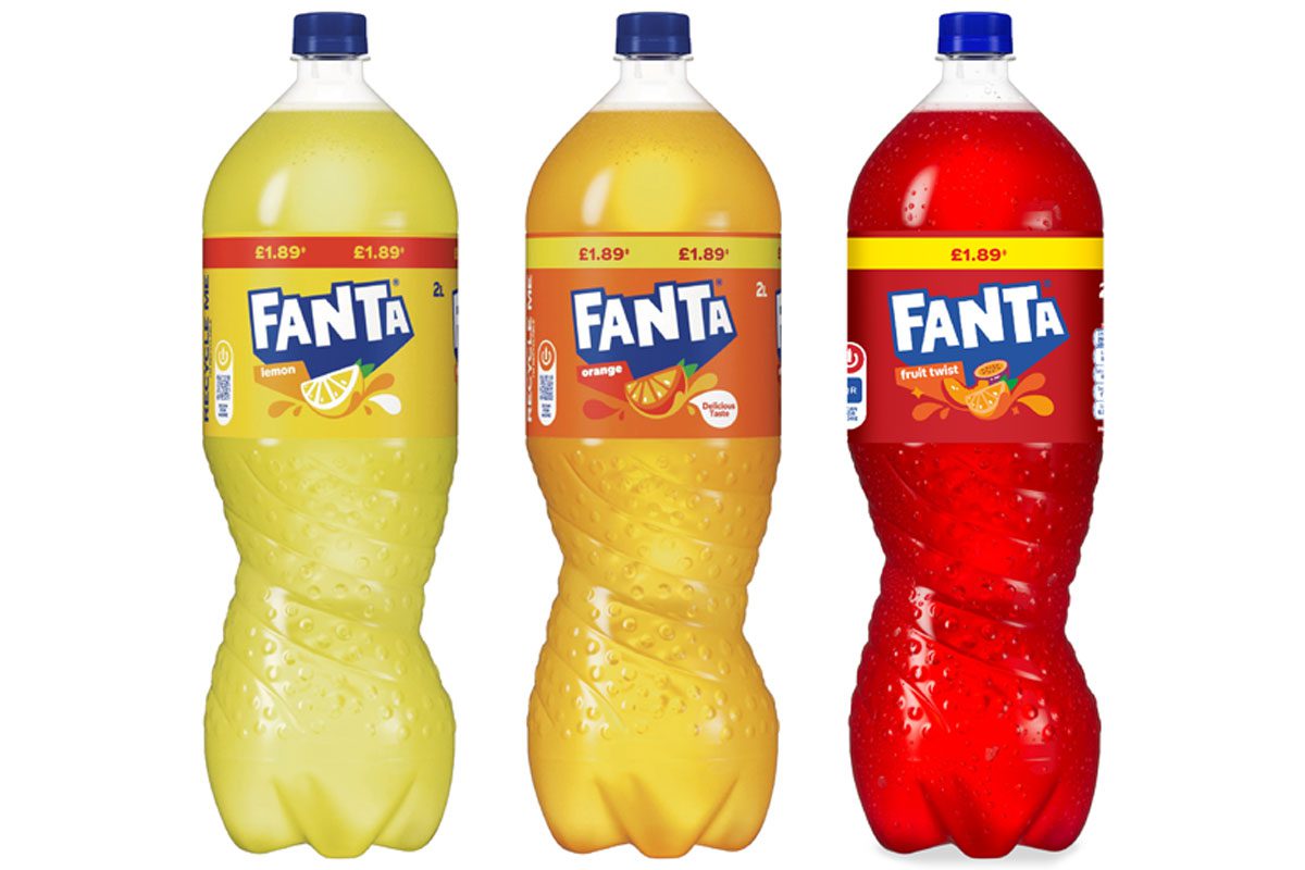 Pack shots of Fanta two litre PMP bottles priced at £1.89 each.