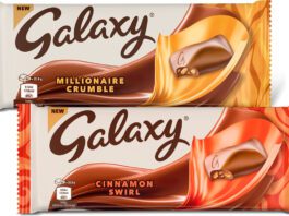 Galaxy expands sharing range with two flavours Pack shots of Galaxy More to Share Millionaire Crumble and Cinnamon Swirl.
