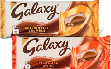 Galaxy expands sharing range with two flavours Pack shots of Galaxy More to Share Millionaire Crumble and Cinnamon Swirl.