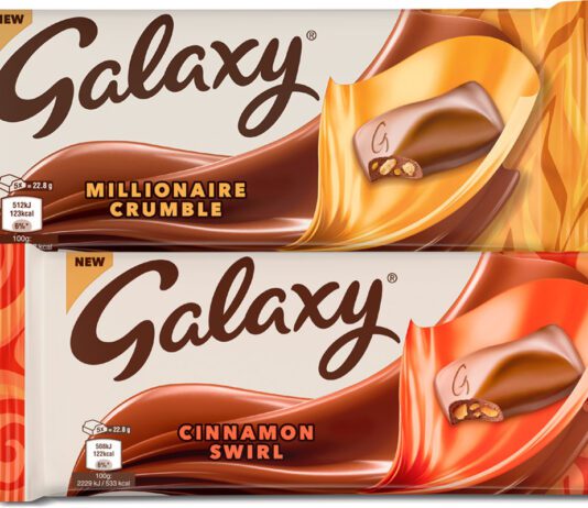 Galaxy expands sharing range with two flavours Pack shots of Galaxy More to Share Millionaire Crumble and Cinnamon Swirl.