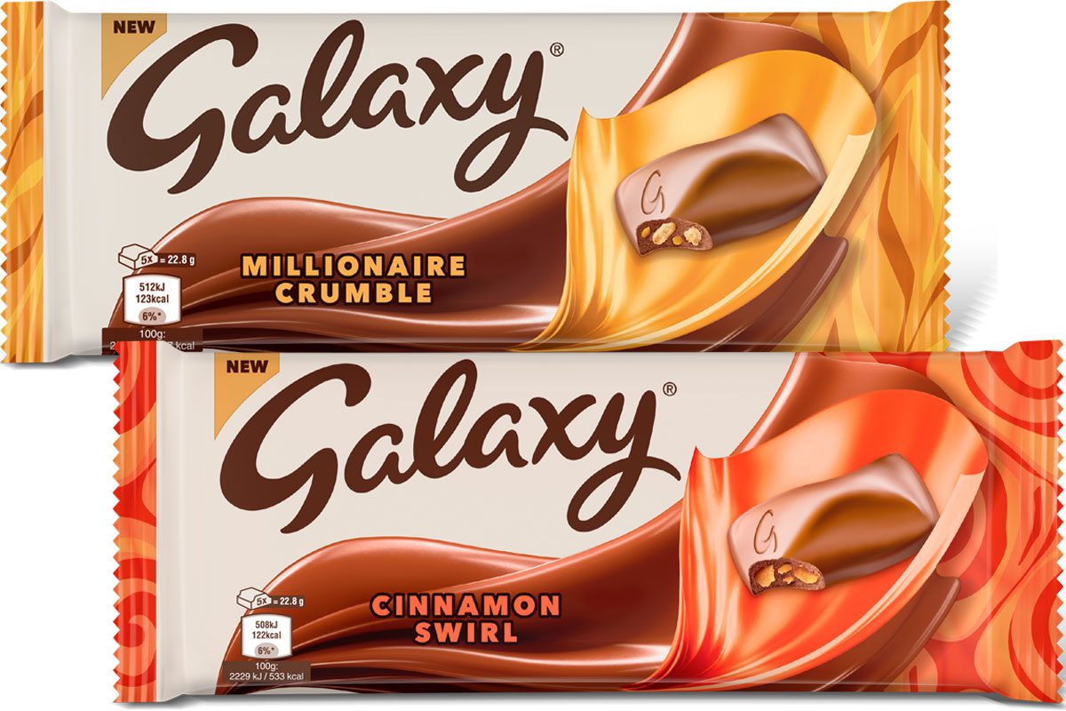 Pack shots of Galaxy More to Share Millionaire Crumble and Cinnamon Swirl.