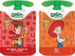 GoGo Squeez targets back to school with Toy Story promo Pack shots of GoGo Squeez packs with the on-pack Toy Story 5 promotion in Apple Strawberry and Apple Mango flavours.