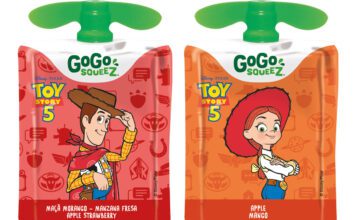 GoGo Squeez targets back to school with Toy Story promo Pack shots of GoGo Squeez packs with the on-pack Toy Story 5 promotion in Apple Strawberry and Apple Mango flavours.