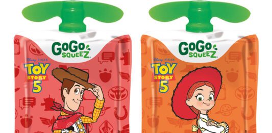 GoGo Squeez targets back to school with Toy Story promo Pack shots of GoGo Squeez packs with the on-pack Toy Story 5 promotion in Apple Strawberry and Apple Mango flavours.