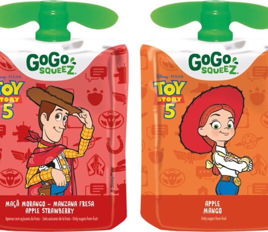 GoGo Squeez targets back to school with Toy Story promo Pack shots of GoGo Squeez packs with the on-pack Toy Story 5 promotion in Apple Strawberry and Apple Mango flavours.