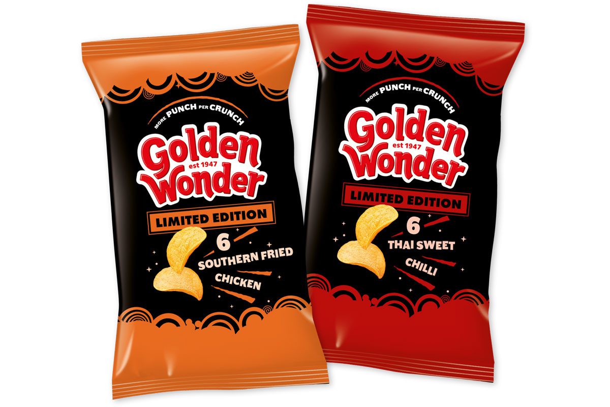 Pack shots of Golden Wonder Southern Fried Chicken and Thai Sweet Chilli multipacks.