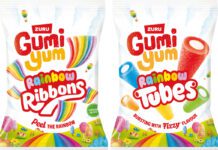 Gumi Yum expands with new share bags Pack shots of Gumi Yum Rainbow Ribbons and Gumi Yum Rainbow Tubes.