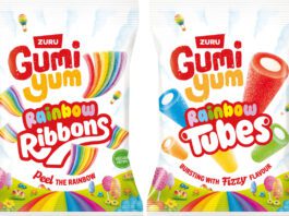 Gumi Yum expands with new share bags Pack shots of Gumi Yum Rainbow Ribbons and Gumi Yum Rainbow Tubes.