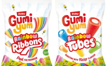 Gumi Yum expands with new share bags Pack shots of Gumi Yum Rainbow Ribbons and Gumi Yum Rainbow Tubes.