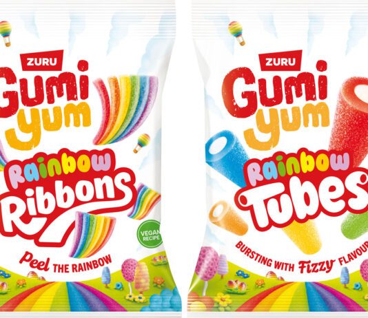 Gumi Yum expands with new share bags Pack shots of Gumi Yum Rainbow Ribbons and Gumi Yum Rainbow Tubes.