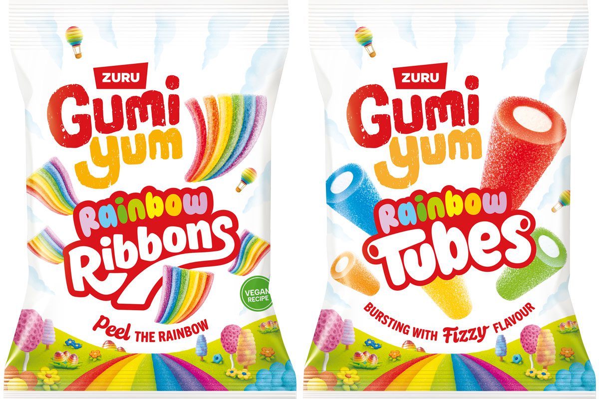 Pack shots of Gumi Yum Rainbow Ribbons and Gumi Yum Rainbow Tubes.