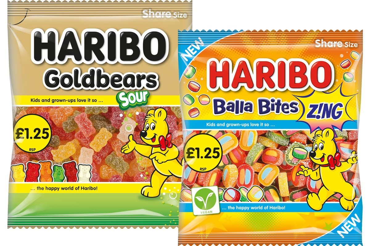 Pack shots of Haribo Goldbears Sour and Haribo Balla Bites Zing.