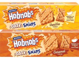McVitie’s Hobnobs expands with Oaty Snaps range Pack shots of Hobnobs Oaty Snaps Vanilla and Caramel variants.