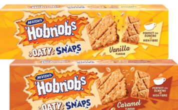 McVitie’s Hobnobs expands with Oaty Snaps range Pack shots of Hobnobs Oaty Snaps Vanilla and Caramel variants.