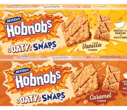 McVitie’s Hobnobs expands with Oaty Snaps range Pack shots of Hobnobs Oaty Snaps Vanilla and Caramel variants.