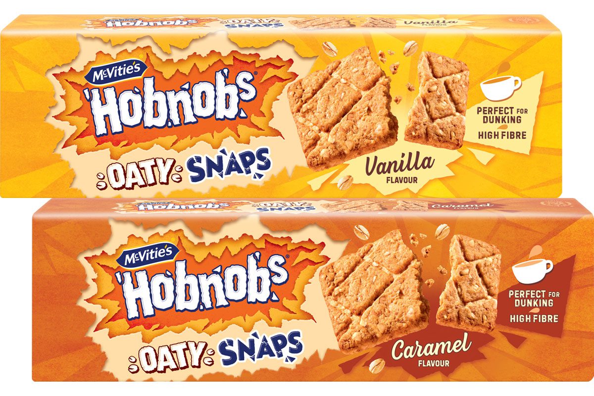 Pack shots of Hobnobs Oaty Snaps Vanilla and Caramel variants.