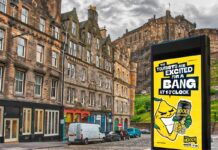 Hooch unveils “no-nonsense” multi-media campaign An image of a street in Edinburgh with Edinburgh Castle in the skyline. The Hooch summer 2026 campaign is on the digital screen in the foreground.