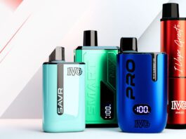 IVG outlines its ambitions to hit £1billion in revenue IVG vaping products stand against a mainly white background with shadows and red stripes through the design.