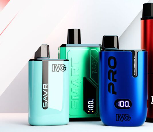 IVG outlines its ambitions to hit £1billion in revenue IVG vaping products stand against a mainly white background with shadows and red stripes through the design.