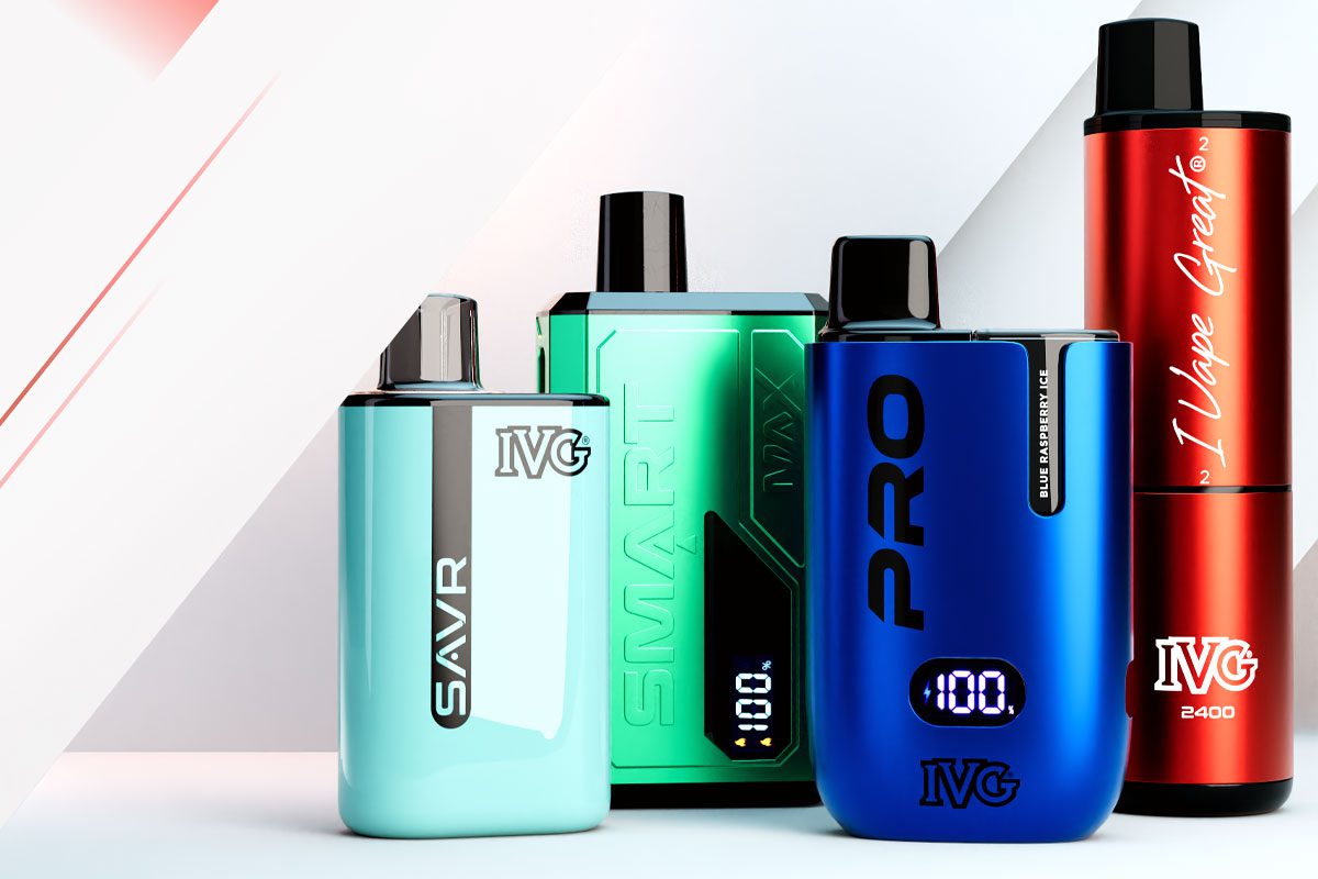 IVG vaping products stand against a mainly white background with shadows and red stripes through the design.