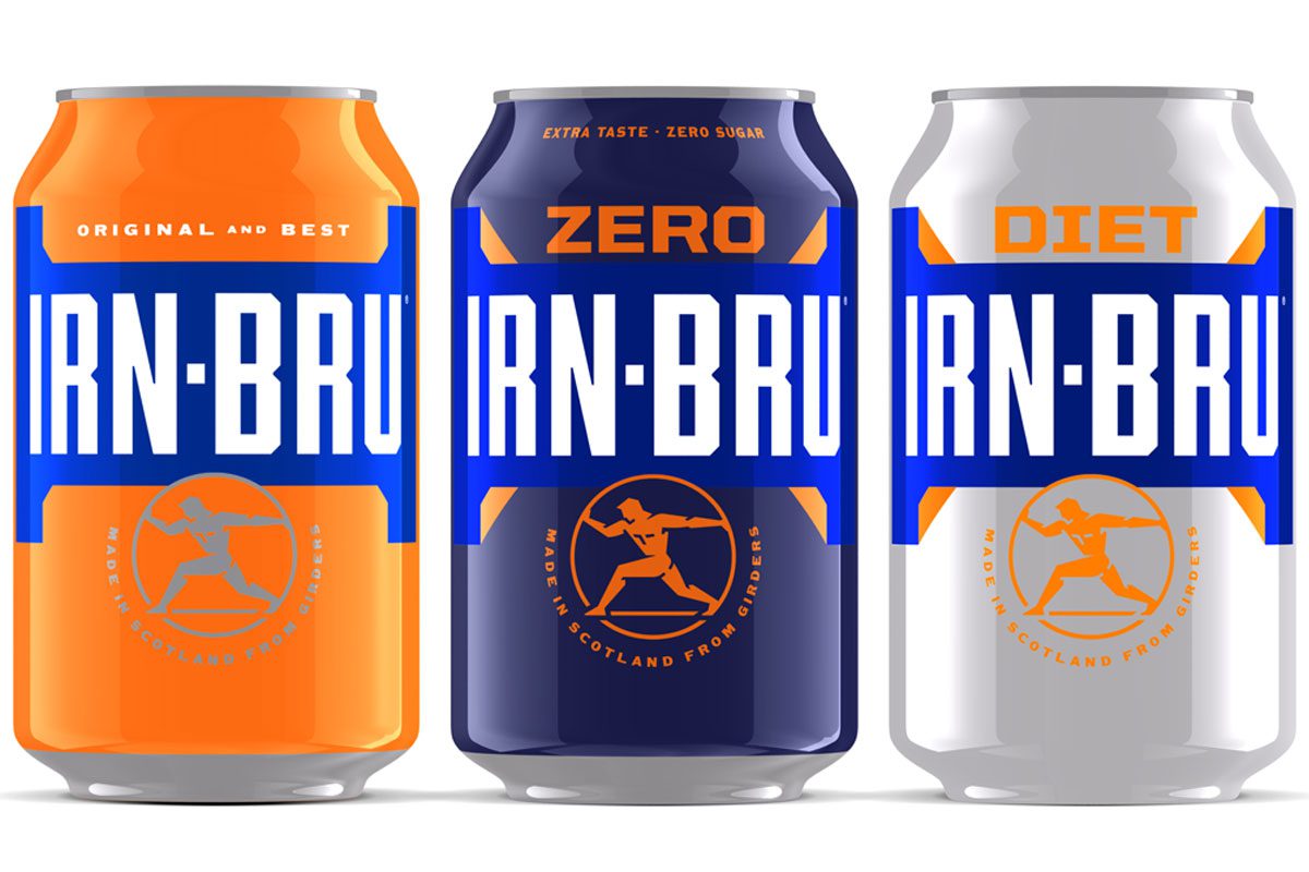 Pack shots of Irn-Bru, Irn-Bru Zero and Diet Irn-Bru cans.