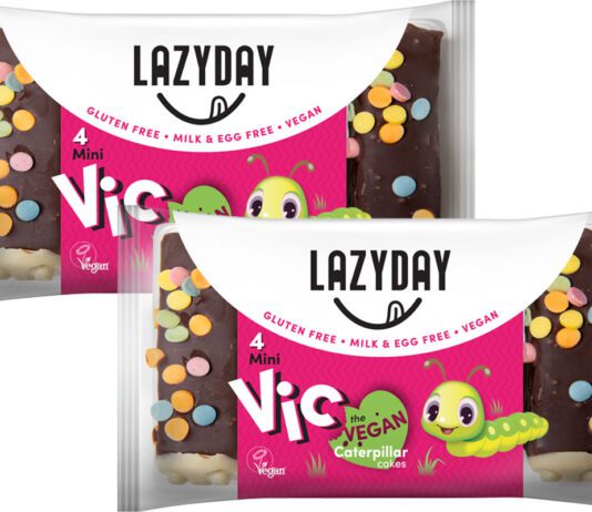 Lazy Day scoops Great Taste Award for vegan Caterpillar Cake Pack shots of LazyDay Mini Vic the Vegan Caterpillar Cakes.
