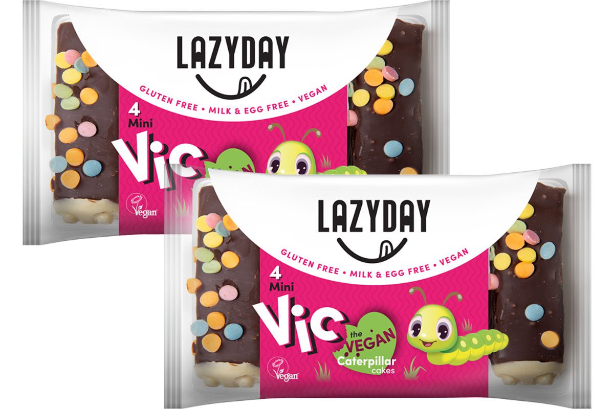 Pack shots of LazyDay Mini Vic the Vegan Caterpillar Cakes.