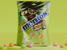 Mentos rolls out new Sour Tones sharing pack format A pack of Mentos Sour Tones Sharing Pack stands against a lime green background with some of the sweets scattered around the bag.