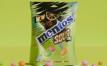 Mentos rolls out new Sour Tones sharing pack format A pack of Mentos Sour Tones Sharing Pack stands against a lime green background with some of the sweets scattered around the bag.