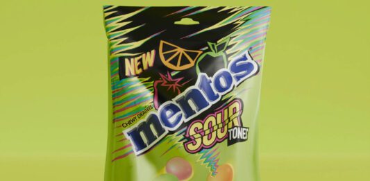 Mentos rolls out new Sour Tones sharing pack format A pack of Mentos Sour Tones Sharing Pack stands against a lime green background with some of the sweets scattered around the bag.