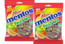 Mentos enters treat size market with Mini Mentos Pack shots of Mini Mentos Fruit Mix sharing bags.