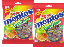 Mentos enters treat size market with Mini Mentos Pack shots of Mini Mentos Fruit Mix sharing bags.