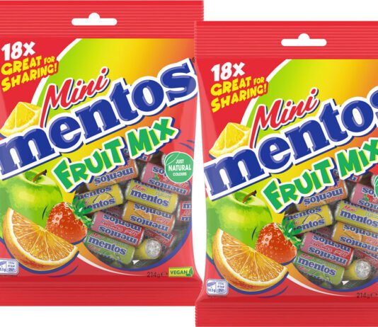 Mentos enters treat size market with Mini Mentos Pack shots of Mini Mentos Fruit Mix sharing bags.