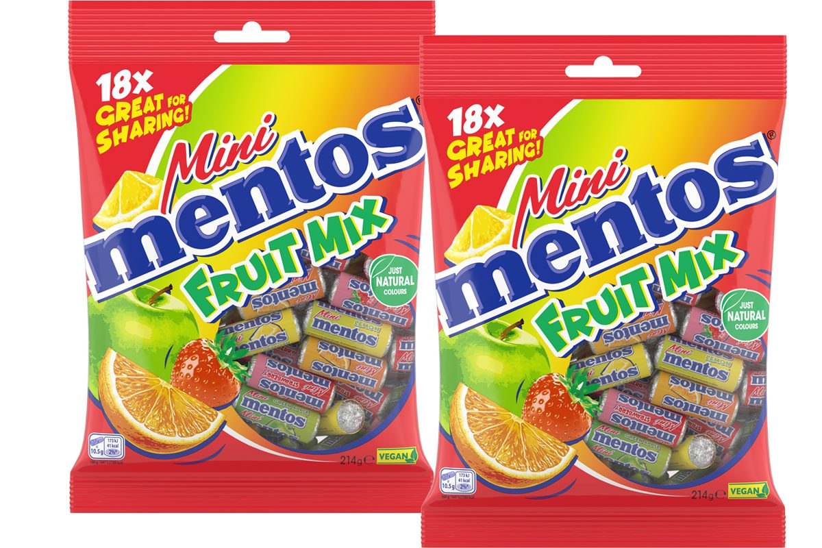 Pack shots of Mini Mentos Fruit Mix sharing bags.