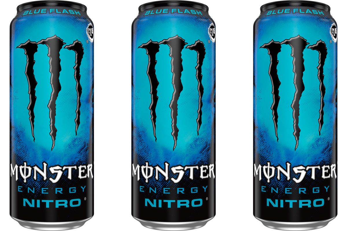 Pack shots of Monster Energy Nitro Blue Flash cans.