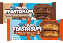Mr Beast Feastables Cups roll out to Co-op stores Pack shots of Mr Beast Feastables Creamy Chocolate Hazelnut Cups and Creamy Peanut Butter Cups.