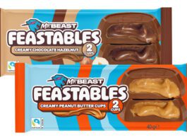 Mr Beast Feastables Cups roll out to Co-op stores Pack shots of Mr Beast Feastables Creamy Chocolate Hazelnut Cups and Creamy Peanut Butter Cups.