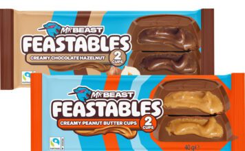 Mr Beast Feastables Cups roll out to Co-op stores Pack shots of Mr Beast Feastables Creamy Chocolate Hazelnut Cups and Creamy Peanut Butter Cups.