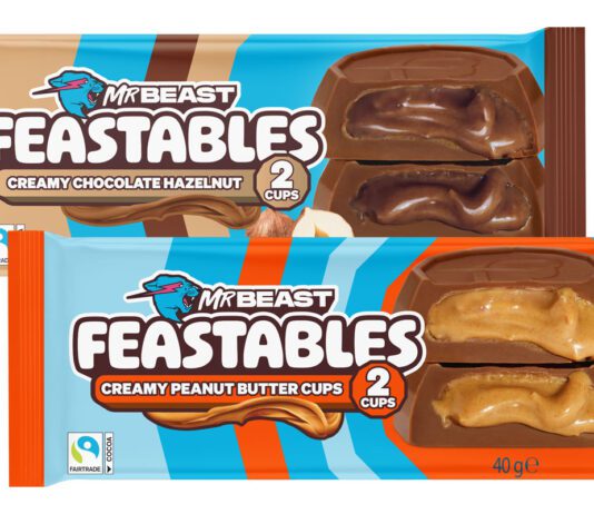 Mr Beast Feastables Cups roll out to Co-op stores Pack shots of Mr Beast Feastables Creamy Chocolate Hazelnut Cups and Creamy Peanut Butter Cups.