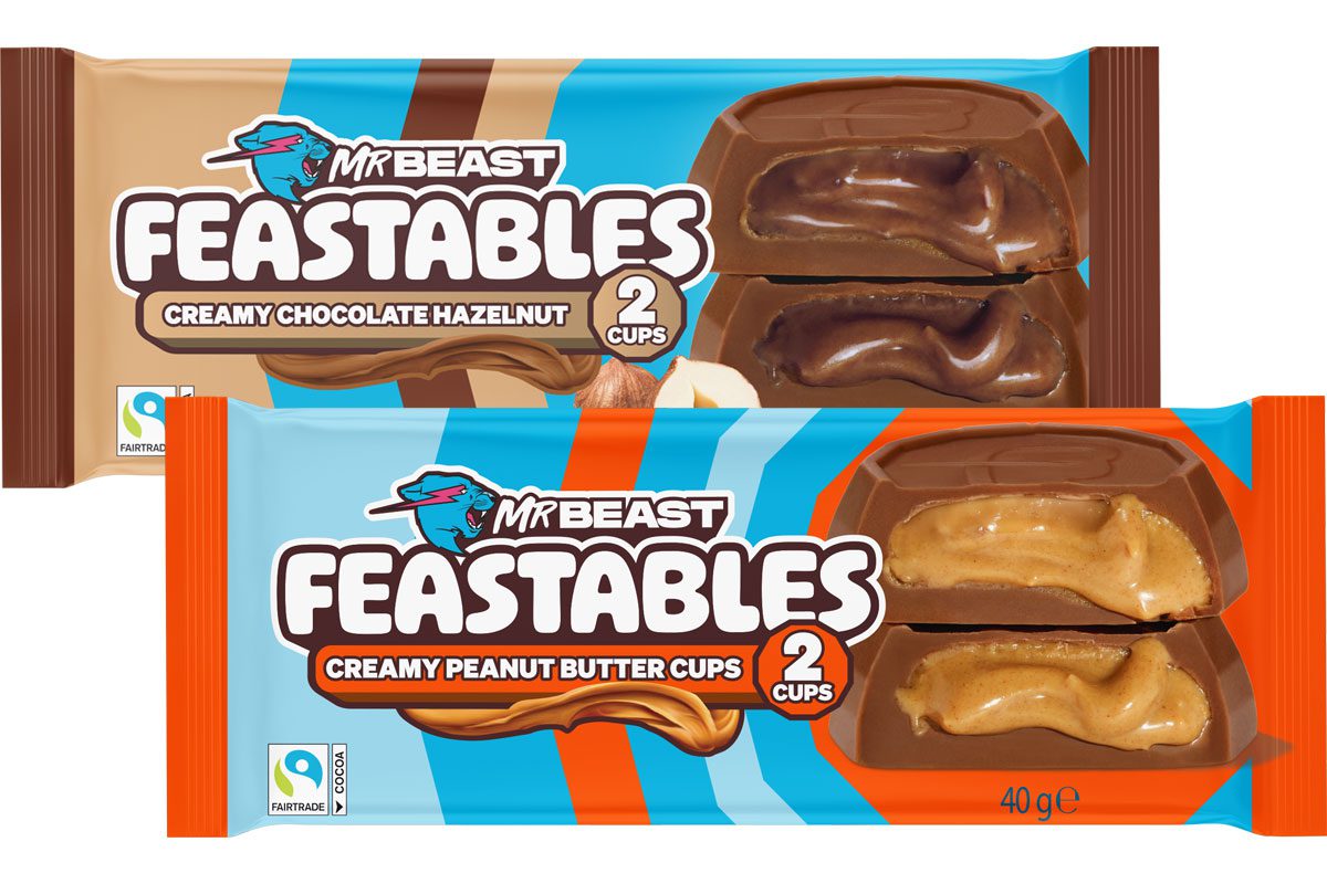 Pack shots of Mr Beast Feastables Creamy Chocolate Hazelnut Cups and Creamy Peanut Butter Cups.