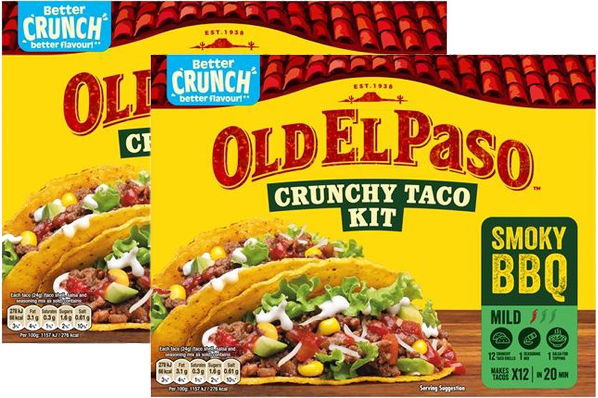 Pack shots of Old El Paso Crunch Taco Kit Smoky BBQ.