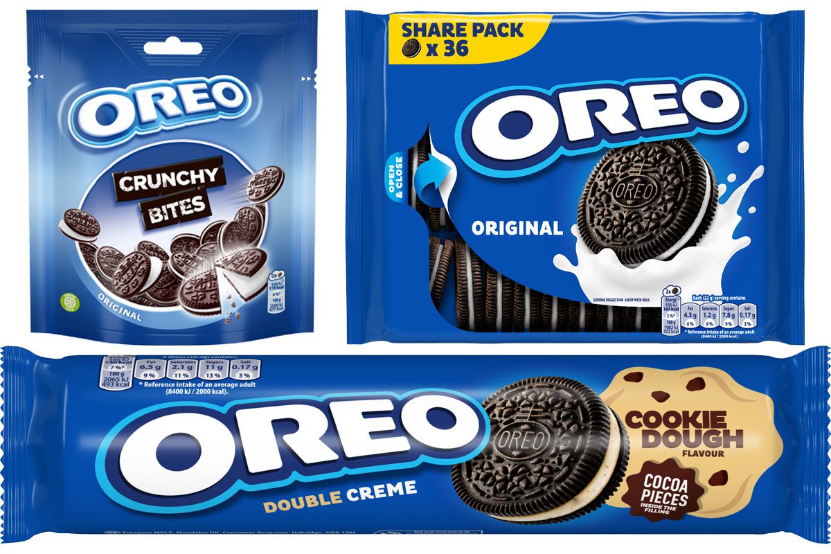 Pack shots of Oreo Crunchy Bites, Oreo Sharing Tray and Oreo Cookie Dough.