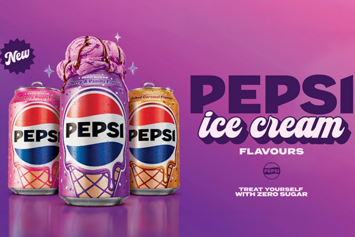 Advert for the Pepsi Treats range featuring cans of Pepsi Raspberry Ripple, Cherry & Vanilla and Salted Caramel.