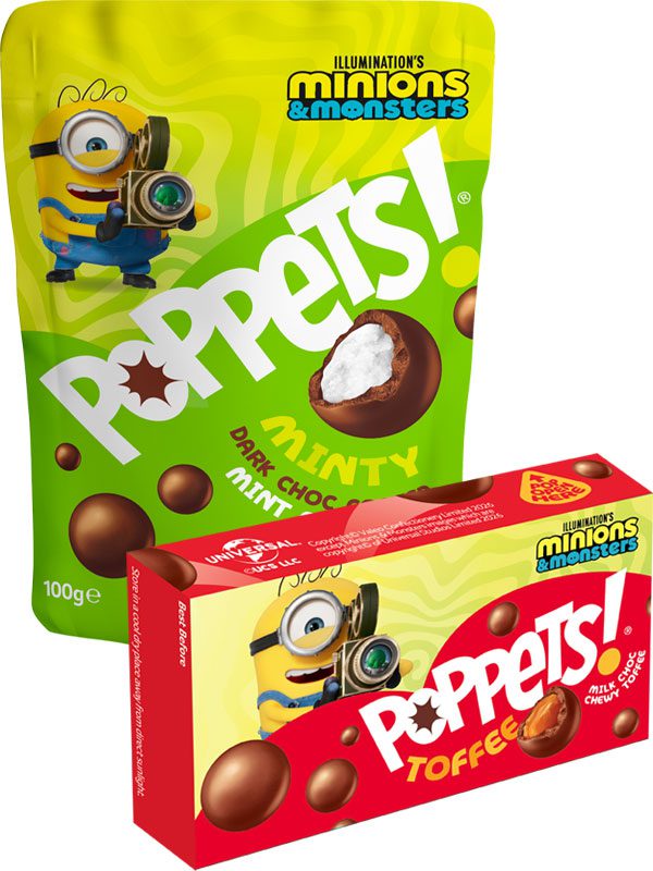 Pack shots of Poppets! Minty Sharing Pack and Poppet! Toffee single pack with images of Minions on them.