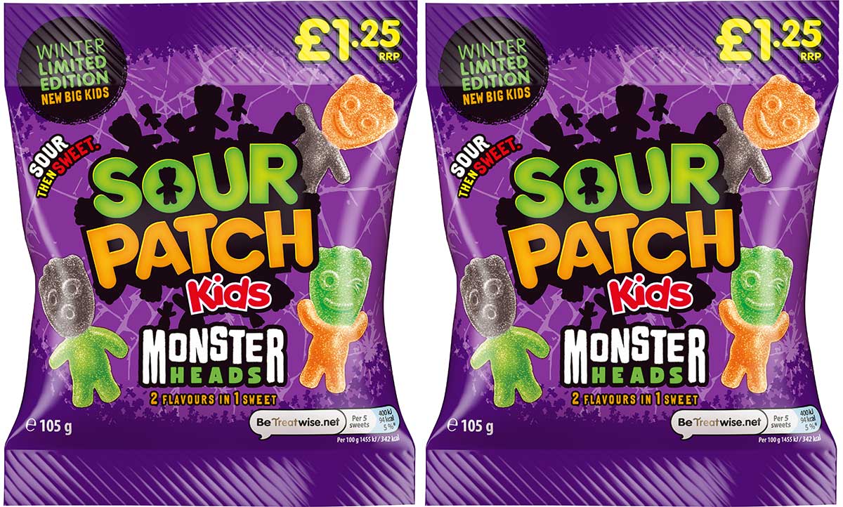 The special-edition Sour Patch Kids Monster Heads seasonal Halloween innovation features “Big Kids” jelly pieces in spooky monster-head shapes.